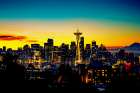 USA-WA-Seattle Dawn on Seattle skyline with Mt Rainier in the background Art Print